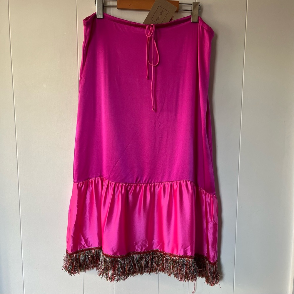 NWT Vintage Petro Zillia Fuchsia 100% Silk Ruffle Fringe drawstring skirt Pink - Picture 2 of 11